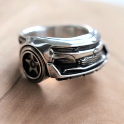 Handcrafted sterling silver statement ring inspired by a modern Chevrolet Camaro