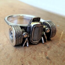 Handcrafted sterling silver statement ring inspired by a 1932 Ford Deuce Coupe hot rod