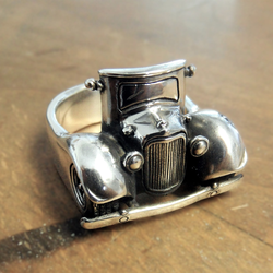 Handcrafted sterling silver statement ring inspired by a custom Ford hot rod sedan front design