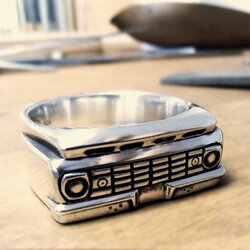 Handcrafted sterling silver statement ring inspired by a 1963 Ford pickup truck