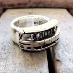 Handcrafted sterling silver statement ring inspired by a custom Ford Mustang front design