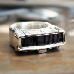Handcrafted sterling silver statement ring inspired by a custom 1968 Dodge Charger front design