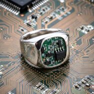 Handmade 925 sterling silver signet ring with genuine green circuit board insert