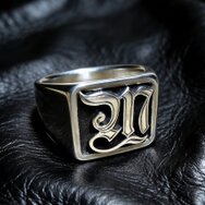 Handmade 925 sterling silver Gothic signet ring with initial and oxidized details