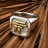 Handmade silver and gold FT monogram signet ring with bicolor initial design