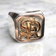 Handcrafted 18k gold signet ring with personalized SR monogram initials