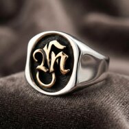 Handcrafted sterling silver signet ring with gold-tone MF monogram and dark oxidized details