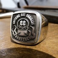 Handcrafted 925 sterling silver skull signet ring with personalized laser engraving and oxidized details