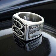 Handcrafted 925 sterling silver V8 ring with scalloped sides and oxidized hot rod details