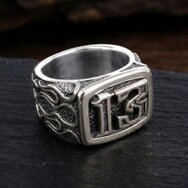 Handcrafted 925 sterling silver biker ring with raised number 13 and flame details