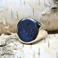 Handcrafted 925 sterling silver signet ring with oval dark blue layered stone and engraved MR monogram