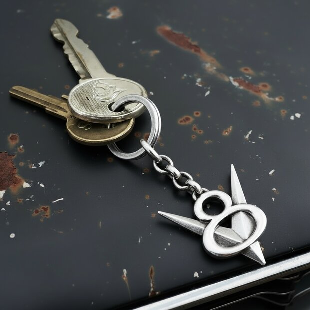V8-Schlüsselanhänger aus 925er Silber, poliert mit leichter Schwärzung, am Schlüsselbund auf patinierter Motorhaube.